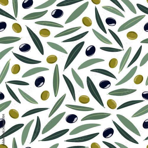 Seamless pattern with olives. Black and green olives with leaves. Flat style vector illustration.