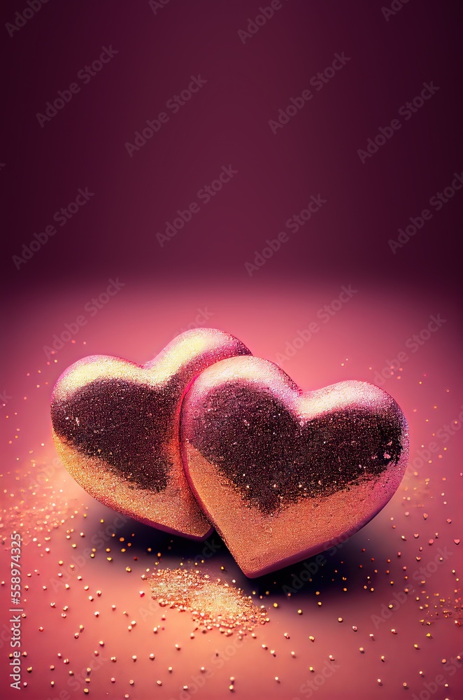 Obraz premium Two pink sparkling hearts glitter shiny background. St. Valentine's Day card concept with space for text.