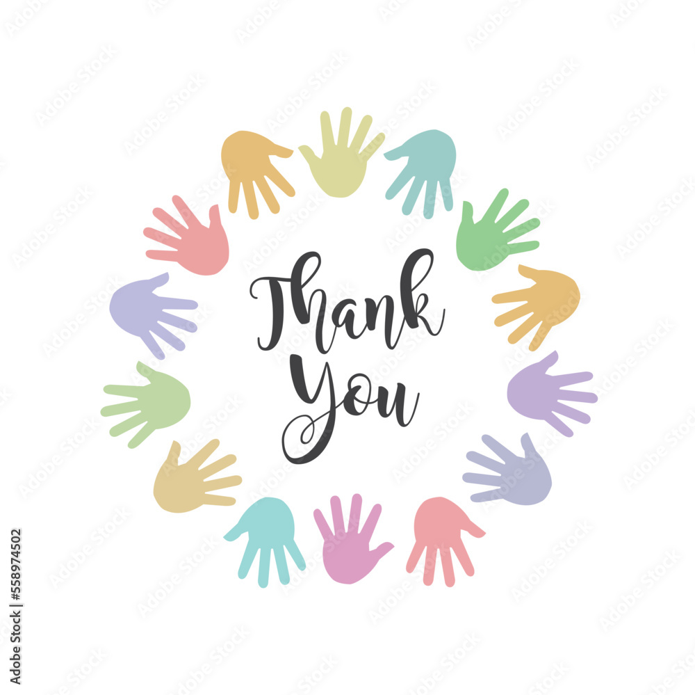 Fototapeta premium Thank you hand lettering vector with a circle of hands of different colors.