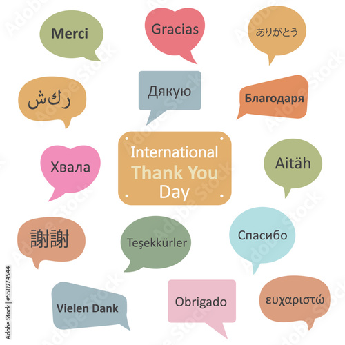 International thank you day. Speech bubbles with the phrase thank you in different languages.