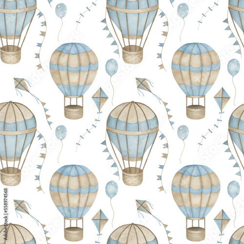 Watercolor seamless pattern with air balloons, kites.Vintage hand drawn illustration on white background © natikka