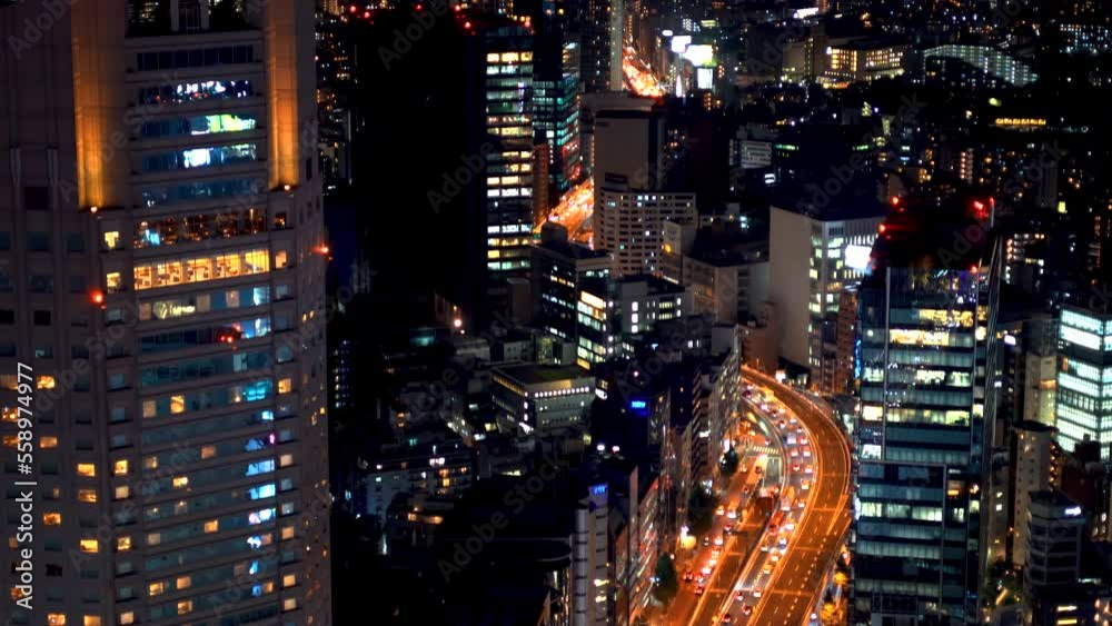 Aerial view of traffic through Shibuya, Tokyo, Japan at night