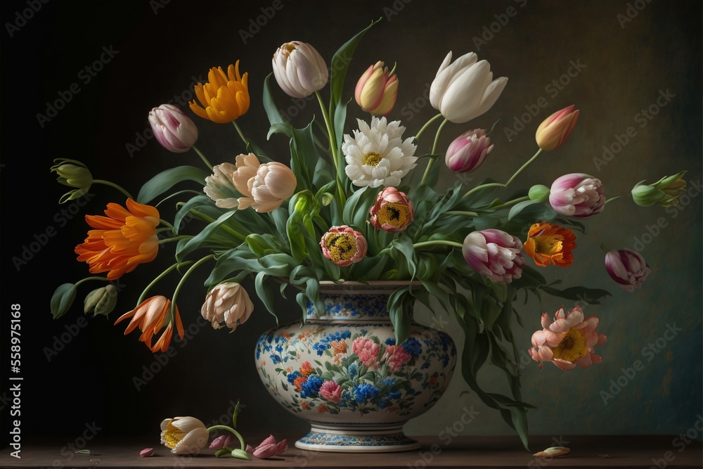 a painting of a vase with flowers in it on a table with a black background and a few petals on the ground below it. a painting of a vase with flowers in it on a table with a black background and a few petals on the ground below it.