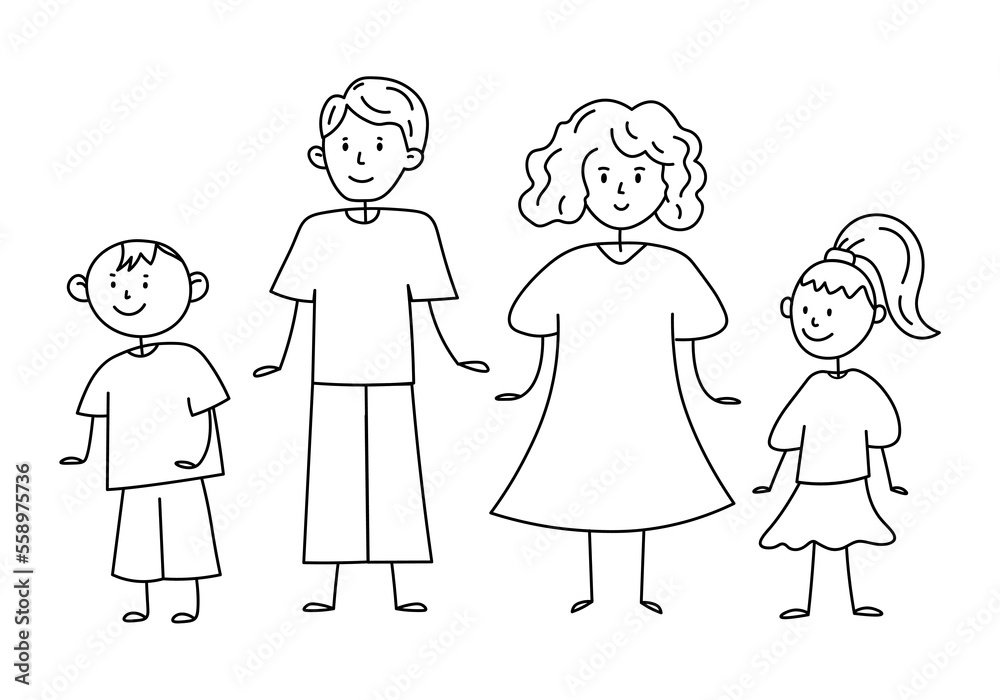 Graphic cartoon line illustration of family with children. Doodle linear illustration of family Graphic cartoon line illustration of family with children. Doodle linear illustration of family
