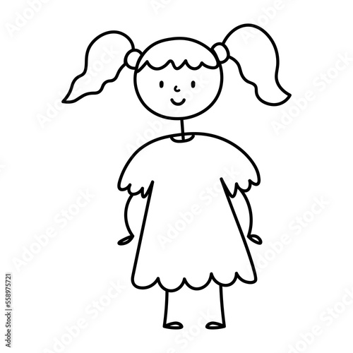 Doodle graphic line illustration of cute little girl