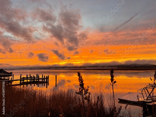 patuxent river lower marlboro landing scenic view from pier at orange sunset calm peaceful photo
