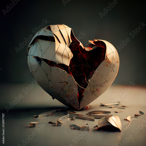 Heartache and lovesickness concept: Illustration of a broken heart in a dark moody theme. Content is created with generative ai photo