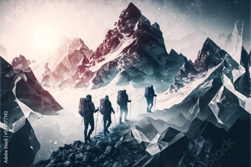 Group of mountaineers. Multiple high alpine climbers in front of a gigantic mountain. Designed using generative ai. photo