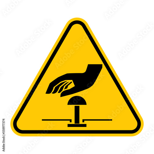 Emergency stop warning sign. Vector illustration of yellow triangle sign with hand pressing button icon. Emergency button symbol. Hazard symbol. Caution label. Push-button icon.