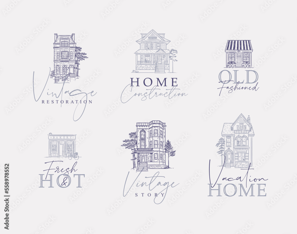 Victorian houses with lettering drawing in old fashioned vintage style on gray background.