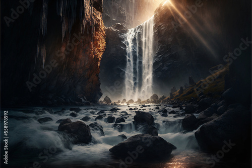 The most epic waterfall in a gorge valley. Designed using generative ai. © XtravaganT