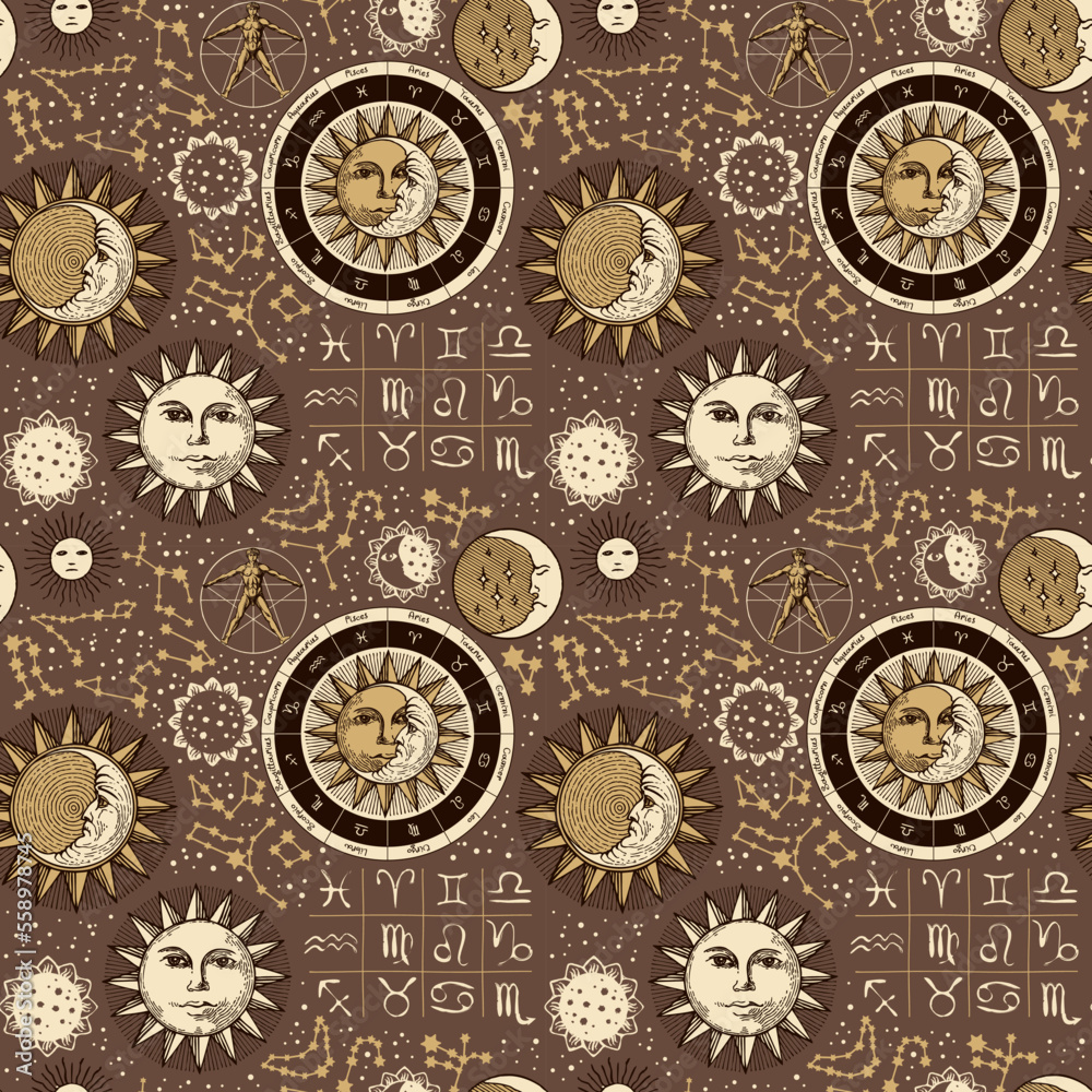 Seamless pattern on the theme of zodiac and horoscopes. Hand-drawn vector background with sun, moon, stars, constellations and human figure like Vitruvian man on backdrop in retro style