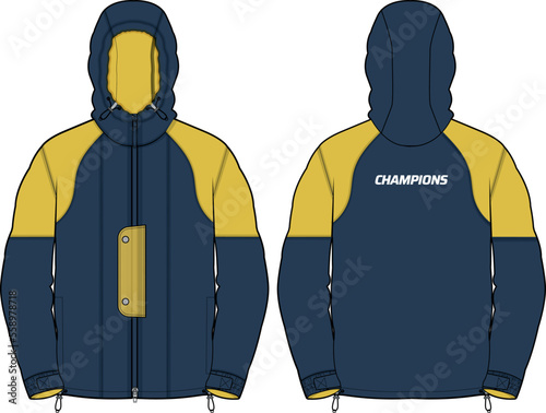Long sleeve track Hoodie jacket design flat sketch Illustration, tracksuit Hooded utility jacket with front and back view, winter jacket for Men and women. for running, outerwear and workout in winter photo