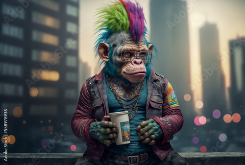 Fototapete portrait of seven punk Rock Babys chimp leaderjacket colorfull hair sitting onon