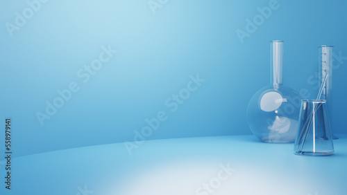 Product display podium and set of laboratory glassware. 3D rendering. 3d illustration.