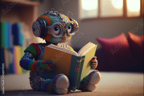 Cute robot with beautiful eyes reading a book, cartoon character, android child, near future, anthropomorphic art generated ai, technological progress, education concept