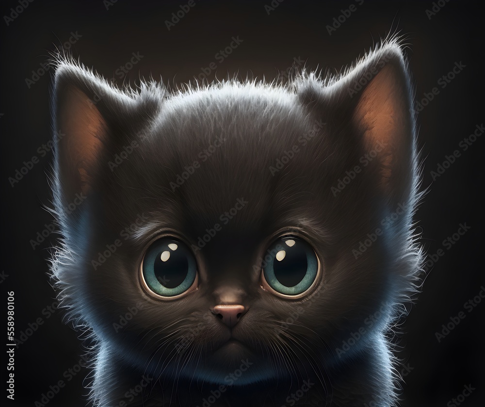 This cute little black kitten is looking directly into the camera with ...