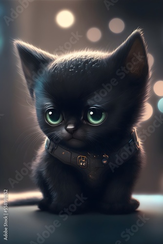 This cute little black kitten is looking directly into the camera with its big, bright eyes. Its fur is soft and fluffy. It looks so sweet and innocent, and sure to bring a smile to anyone's face.