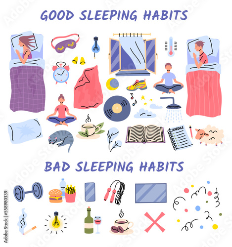 Vector good sleep habits set. Doodle icons for bad habits of bad sleep including temperature, fresh air, walking, reading a book, meditation. Young man, woman sleeping in bed with pillows and blanket