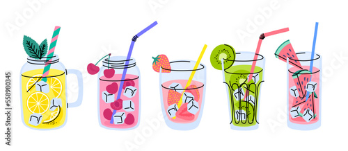 Vector refreshing lemonade types in mason jar glass with straws. Non alcoholic summer drinks with different flavors of kiwi, lemonade, cherry, watermelon, strawberry with fruit slices, mint and ice