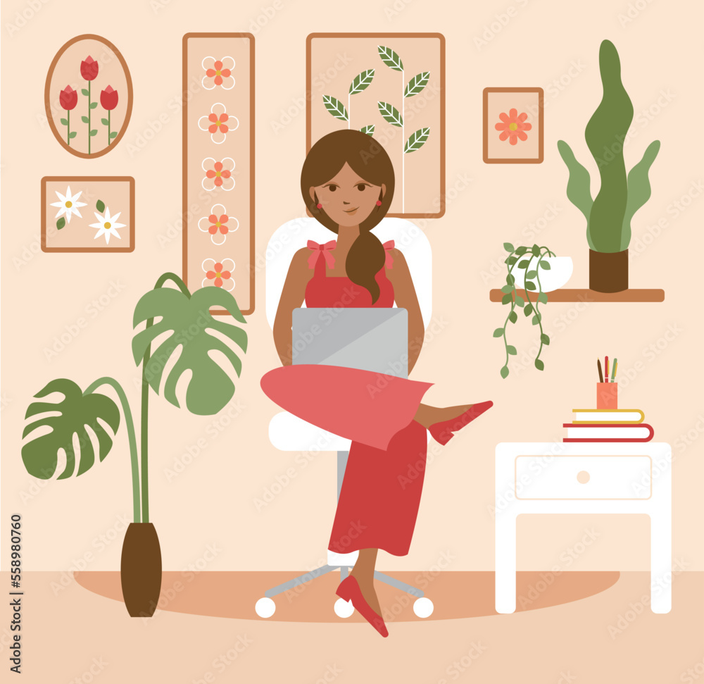 Mujer teletrabajo con decoración de hogar con plantas 