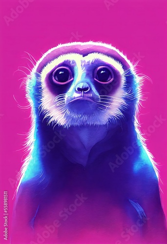 Funny adorable portrait headshot of cute slow loris. Asian region land animal standing facing front. Watercolor imitation illustration. Vertical artistic poster. AI generated.