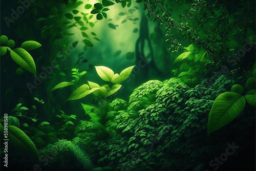 green leafs on a forest background - Created with Generative AI technology © Rieth