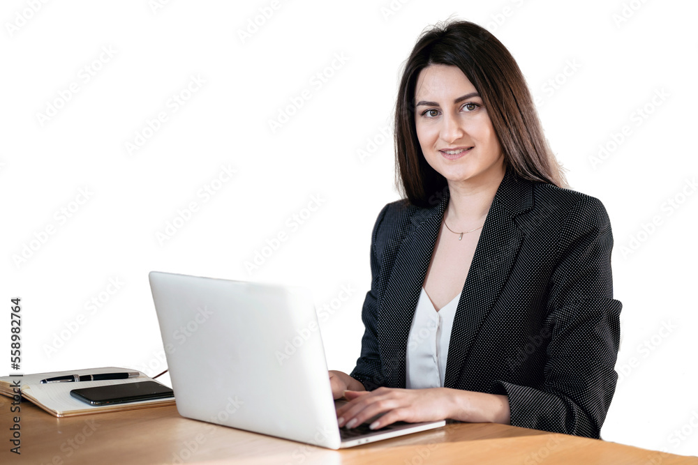 A woman smiling in formal attire uses a laptop manager and businesswoman, isolated transparent background. A woman smiling in formal attire uses a laptop manager and businesswoman, isolated transparent background.