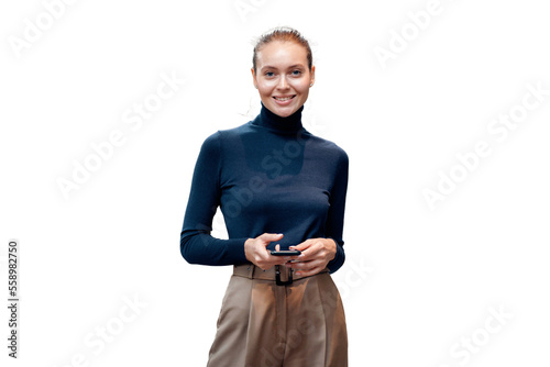 Fotobehang A woman smiles in formal attire of a manager and a businesswoman, isolated transparent background