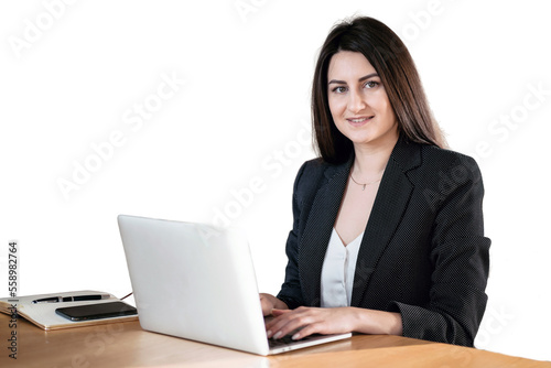 A woman smiling in formal attire uses a laptop manager and businesswoman, isolated transparent background.