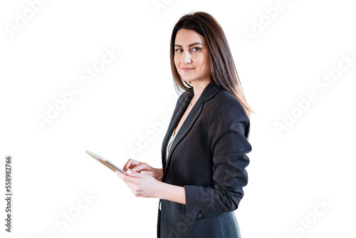 A woman smiling in a business suit uses a tablet manager and businesswoman, isolated transparent background. photo