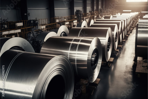 Rolls of metal sheet. Zync, aluminium or steel sheet rolls on warehouse in factory photo