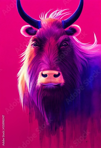 Funny adorable portrait headshot of cute yak. Asian region land wild animal standing facing front. Watercolor imitation illustration. Vertical artistic poster. AI generated.