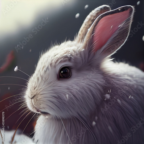 Realistic White Fluffy Rabbit In Snow Winter Background Generative AI