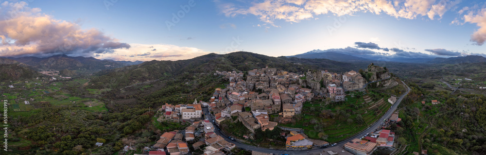 Scenic sunset panorama of Castiglione di Sicilia village