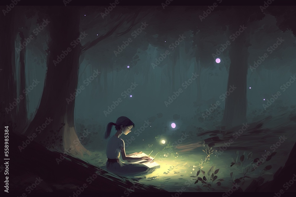 young girl sitting on grass reading a book in the magical forest. Generative AI