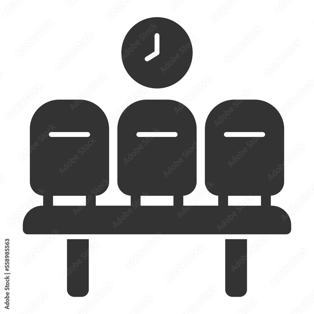 Bench for waiting at the airport under the clock - icon, illustration on white background, glyph style Bench for waiting at the airport under the clock - icon, illustration on white background, glyph style