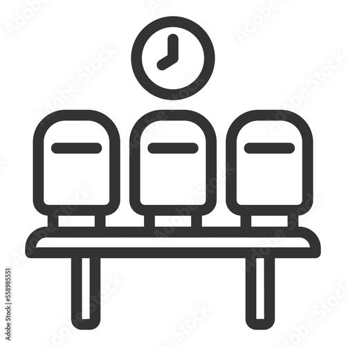 Bench for waiting at the airport under the clock - icon, illustration on white background, outline style