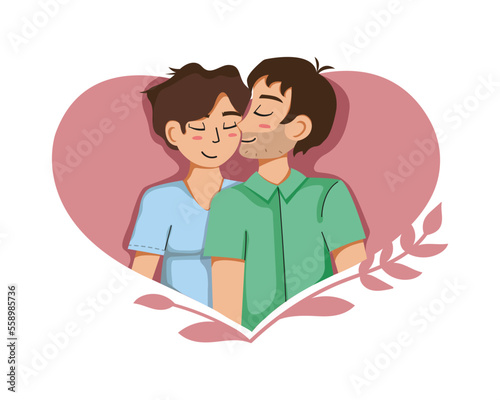 Gay men couple in love flat illustration. One gender concept. Lgbt romantic relationship. Valentine's day  