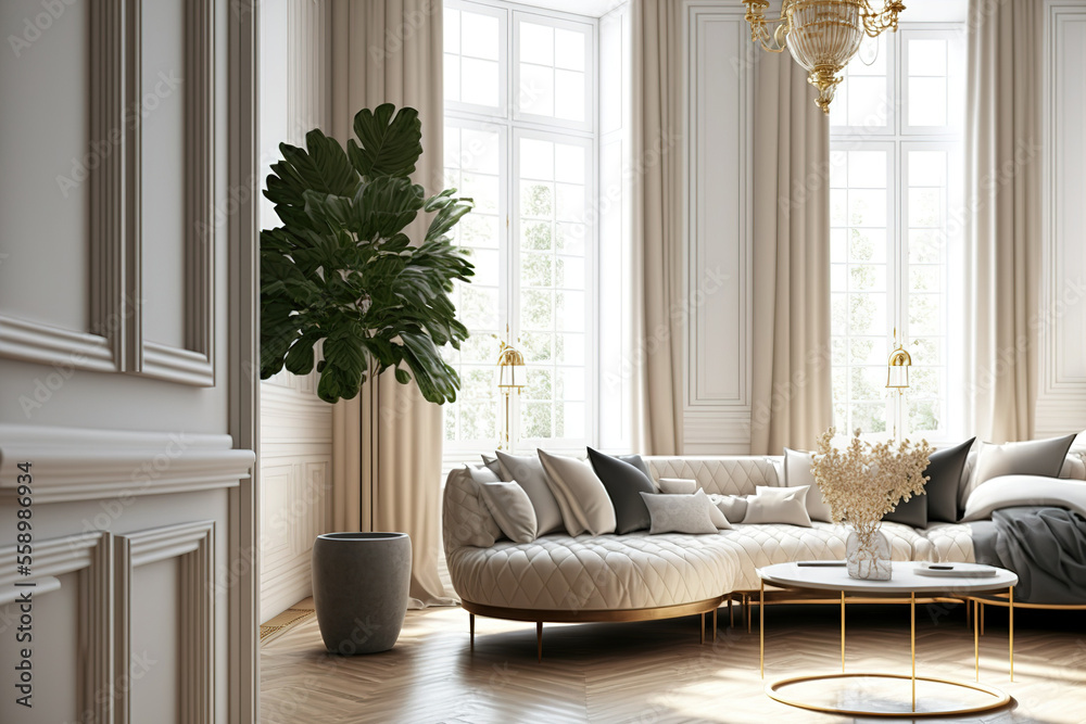 Luxurious, pleasant living room with a large window to the floor ...