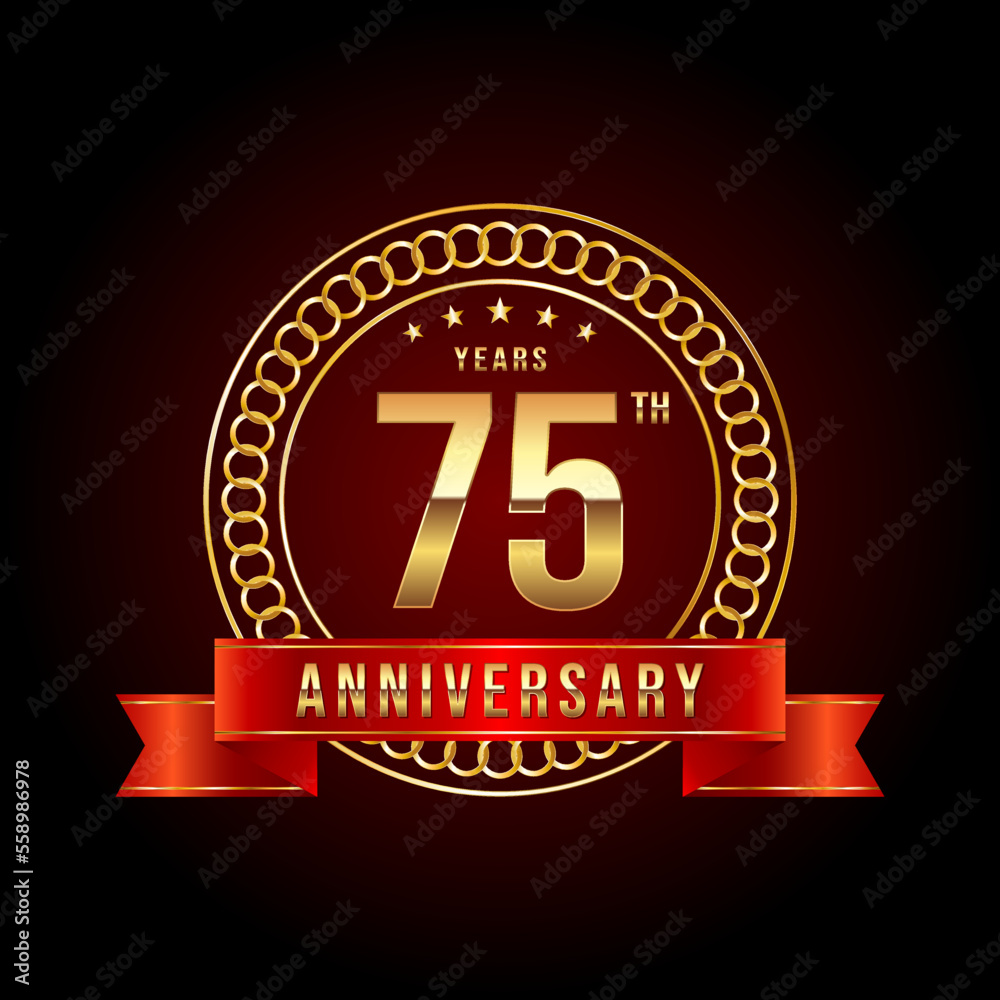 75th Anniversary. Anniversary logo design with gold color text and red ribbon for anniversary celebration event. Logo Vector Illustration 75th Anniversary. Anniversary logo design with gold color text and red ribbon for anniversary celebration event. Logo Vector Illustration