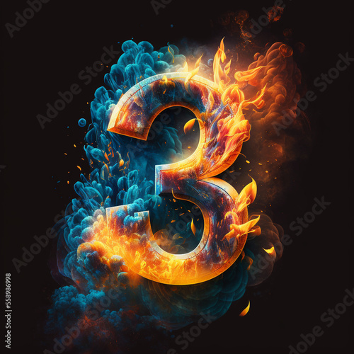 Flaming three  The number 3 on fire   AI 