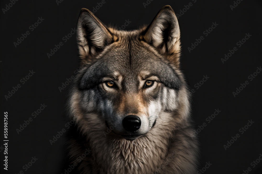 Portrait of adult wolf on black background, generative ai - obrazy, fototapety, plakaty 