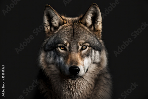 Portrait of adult wolf on black background, generative ai photo