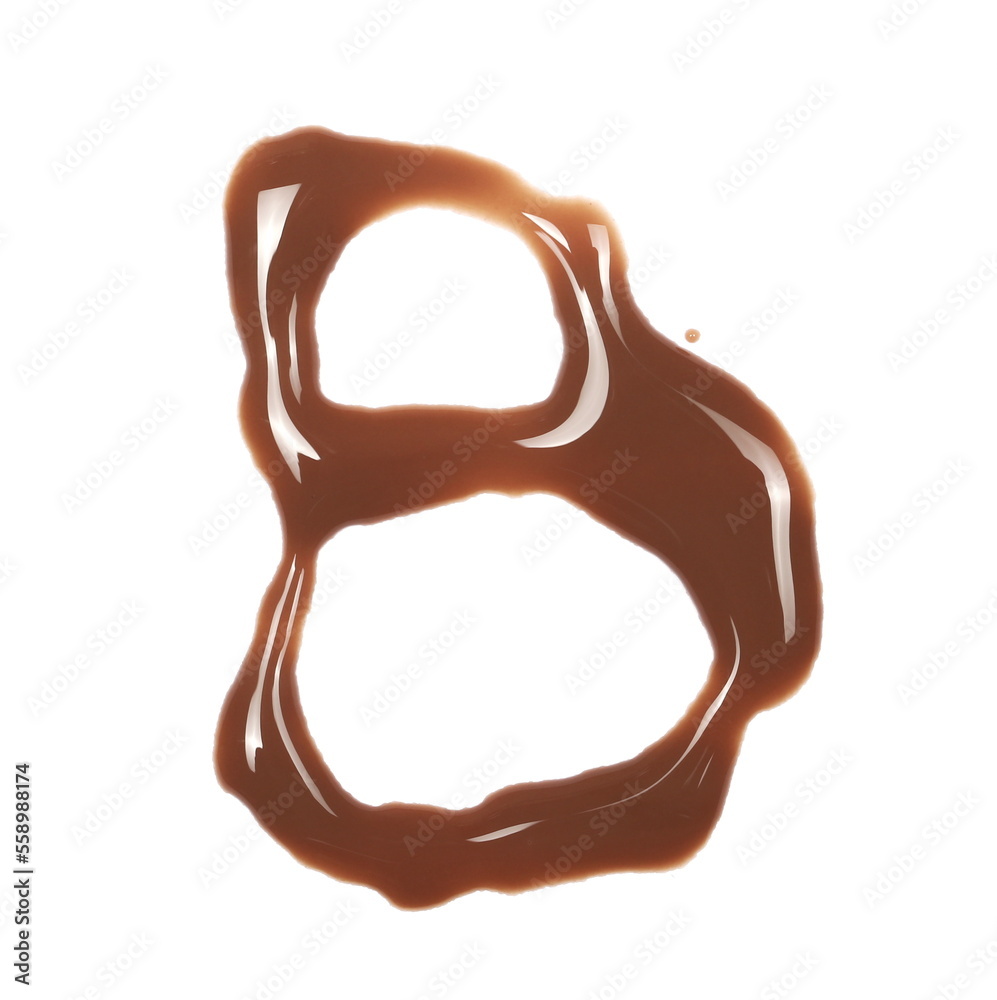 Spilled chocolate milk puddle in shape letter B isolated on white background, top view Spilled chocolate milk puddle in shape letter B isolated on white background, top view