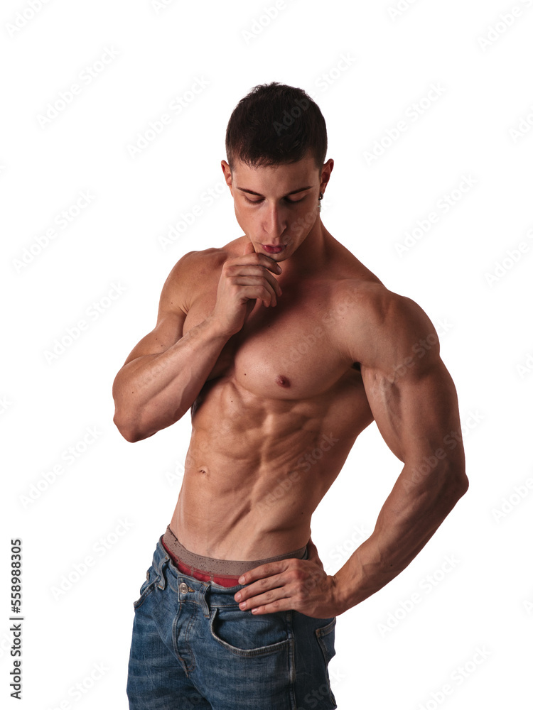 Three quarters shot of handsome shirtless athletic young man