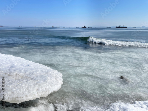 Vladivostok, Sea of Japan near Sobol Bay in summer winter day photo