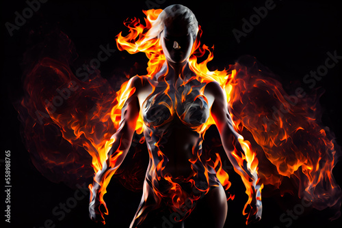  Fire girl.  Young woman in flames.  Generative AI.