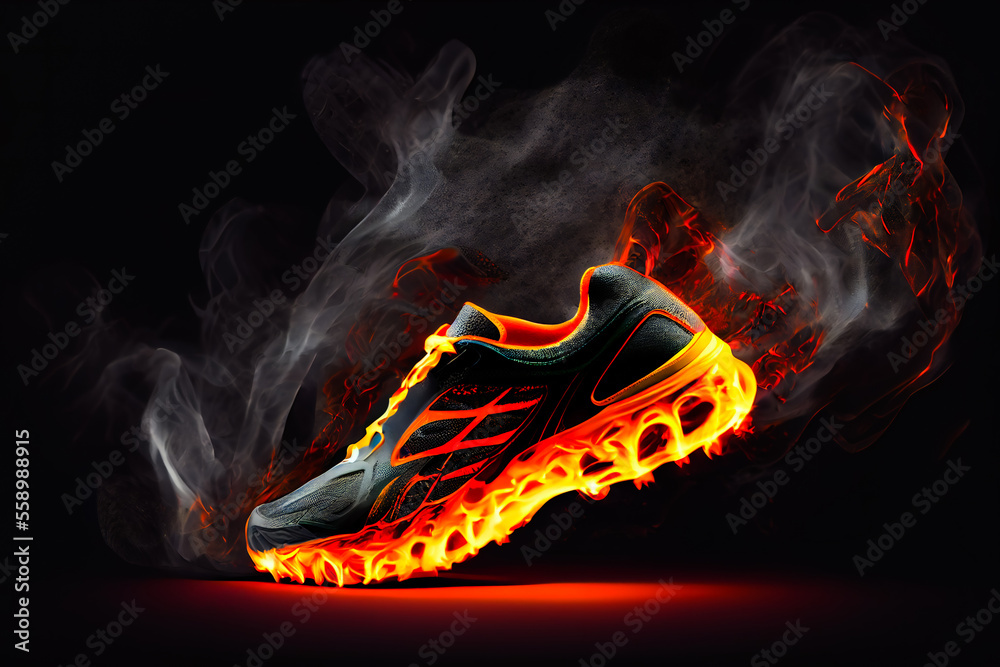 Fototapeta premium Sneakers on fire. Burning shoes. Generative AI.
