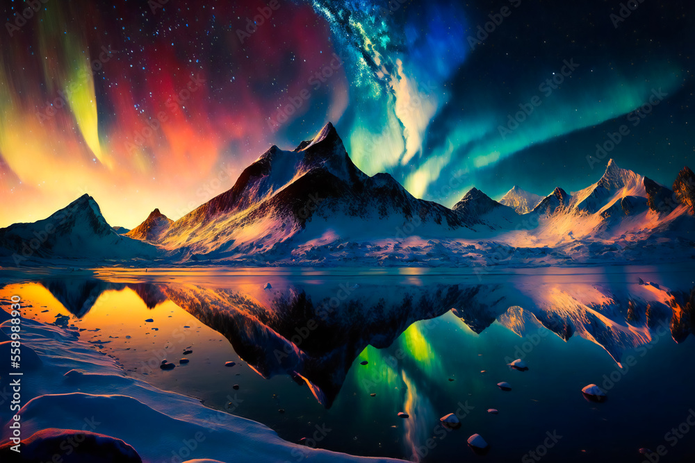 Winter landscape with aurora reflected in water.  Generative AI.